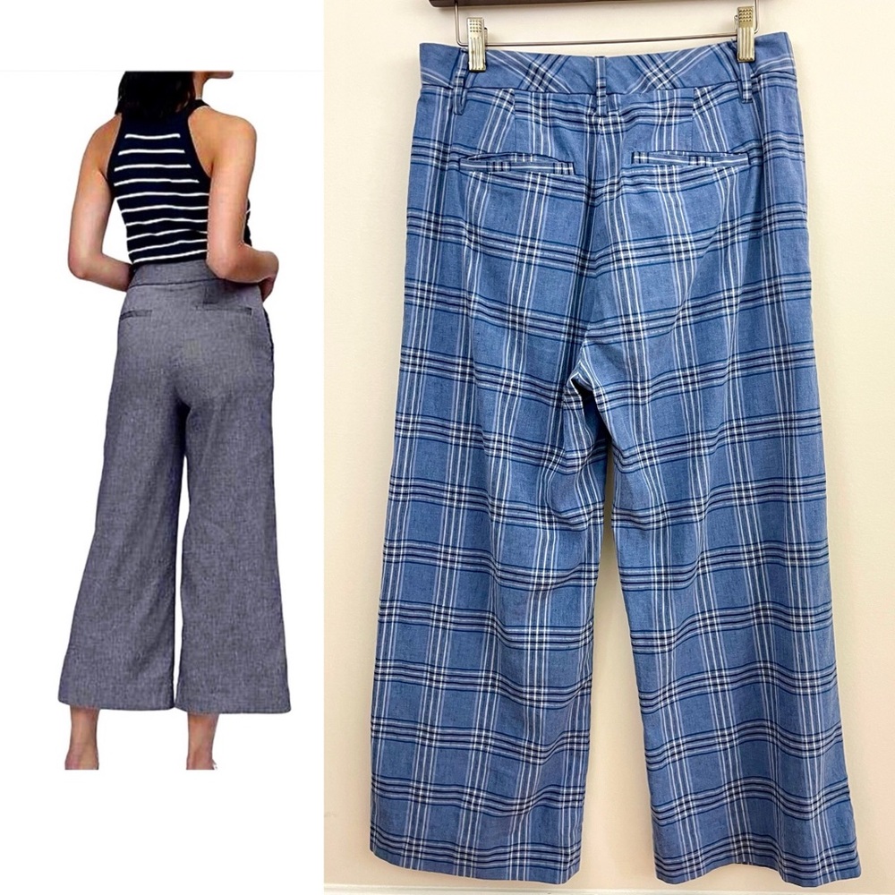 Banana Republic Linen blend Wide-leg Crop Pants Blue Plaid, EUC - Picture 2 of 11